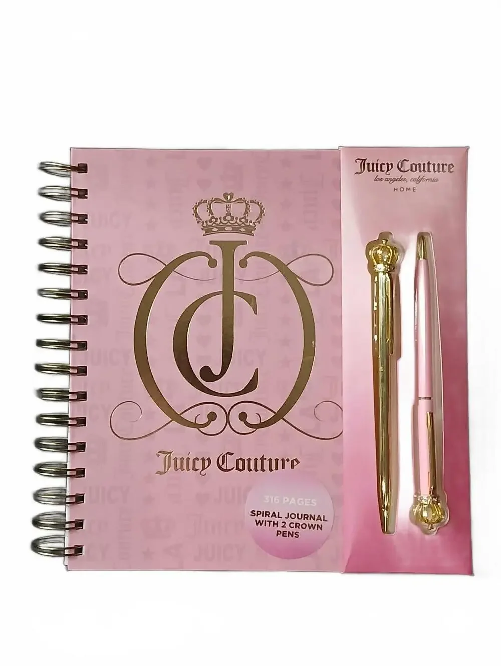 Juicy Couture Pink Gold Spiral Journal 2 Crown Pens 316 Pages Gift Set NWT